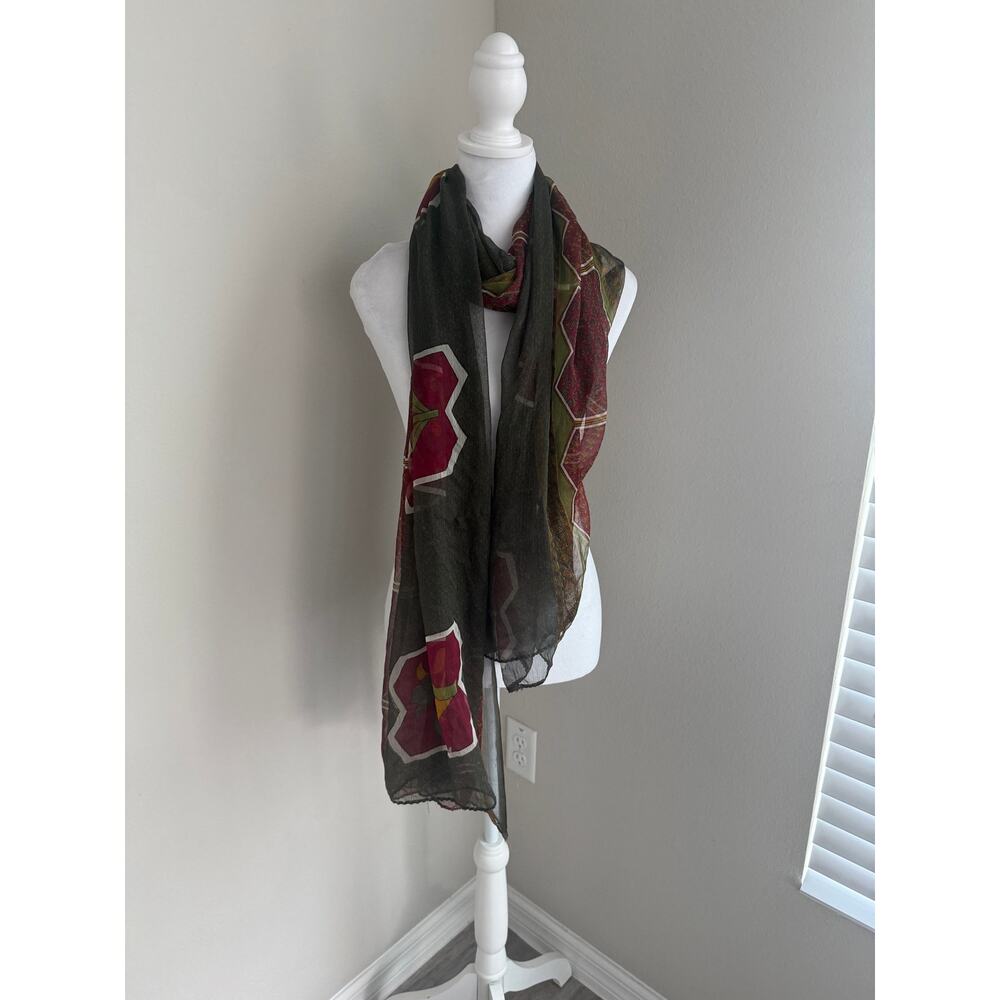 Vintage Silk Chiffon Scarf Boho Sheer Floral Long Wrap Festival Shawl - Picture 2 of 7